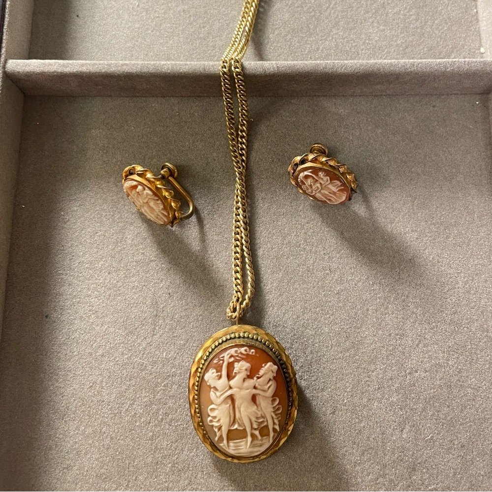 Vintage 12k cameo necklace and earrings set rare find